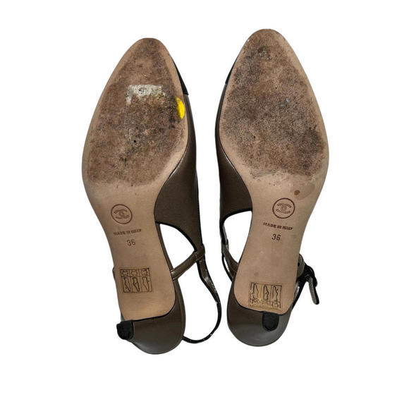 Authentic Chanel Champagne/CC Black Toe Tipped Bow Slingback Heels Size 36 - Picture 9 of 9